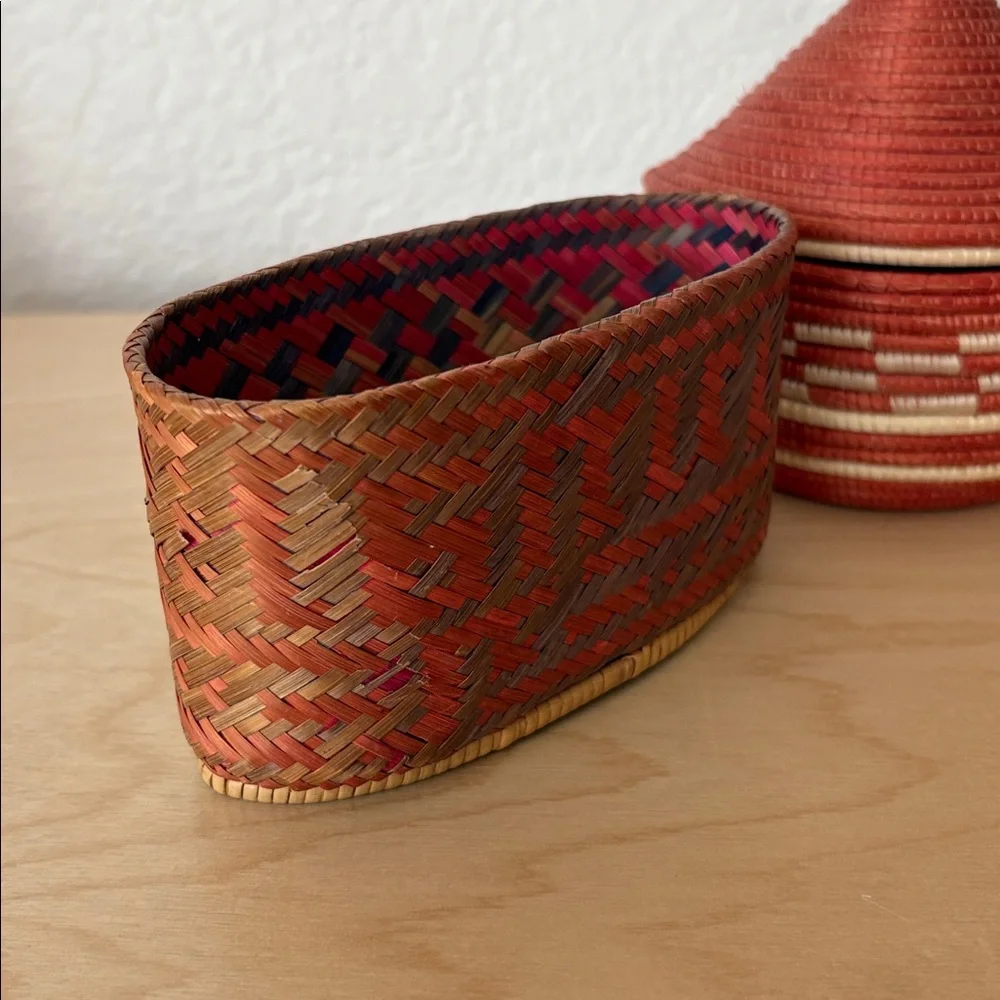Vintage Handwoven African Mini Basket with Lid Set